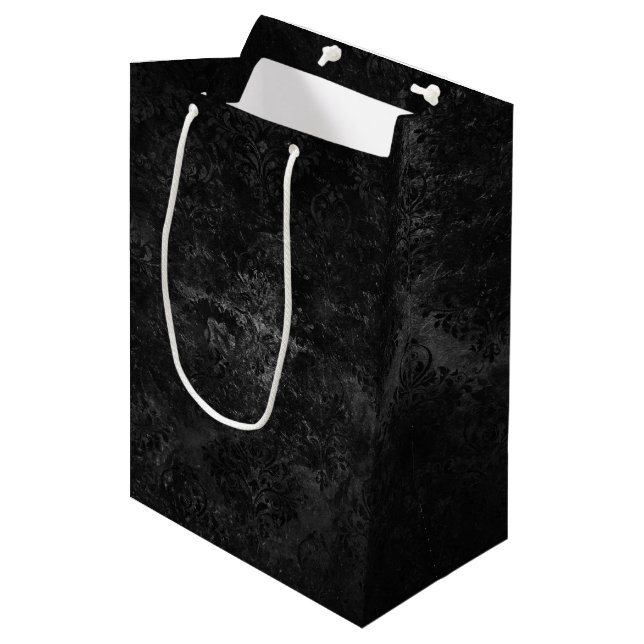 Velvety Onyx Damask | Black Vampy Grunge Baroque Medium Gift Bag (Front Angled)