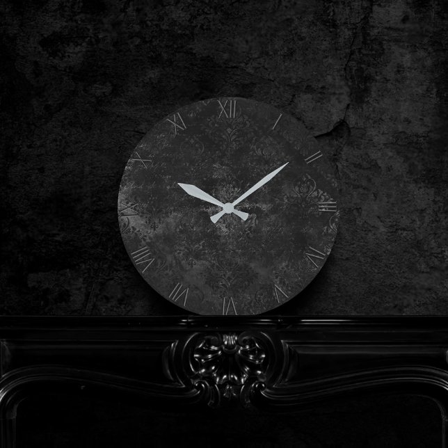 Velvety Onyx Damask | Black Vampy Grunge Baroque Round Clock (Creator Uploaded)