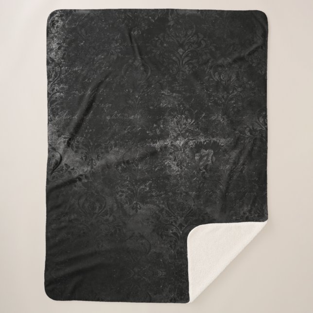 Velvety Onyx Damask | Black Vampy Grunge Baroque Sherpa Blanket (Front)