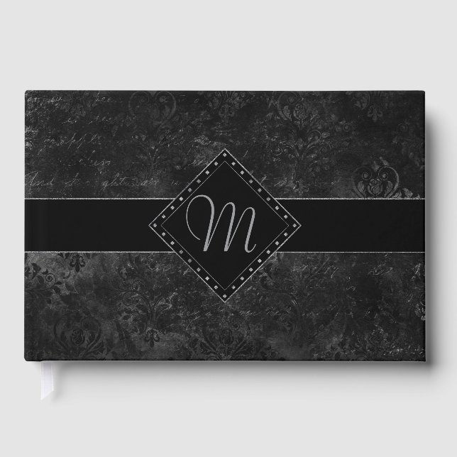 Velvety Onyx Damask | Black Vampy Grunge Custom Guest Book (Front)
