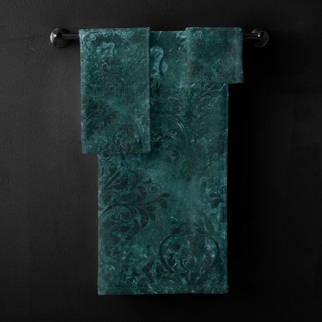 Velvety Teal Damask | Dark Green Grunge Baroque Bath Towel Set (Creator Uploaded)