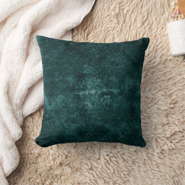 Velvety Teal Damask | Dark Green Grunge Baroque Cushion (Blanket)
