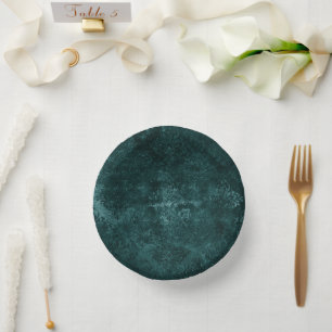 Velvety Teal Damask Dark Green Grunge Baroque Paper Plate