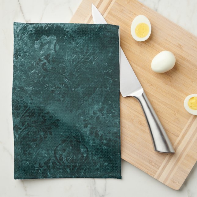 Velvety Teal Damask | Dark Green Grunge Baroque Tea Towel (Quarter Fold)