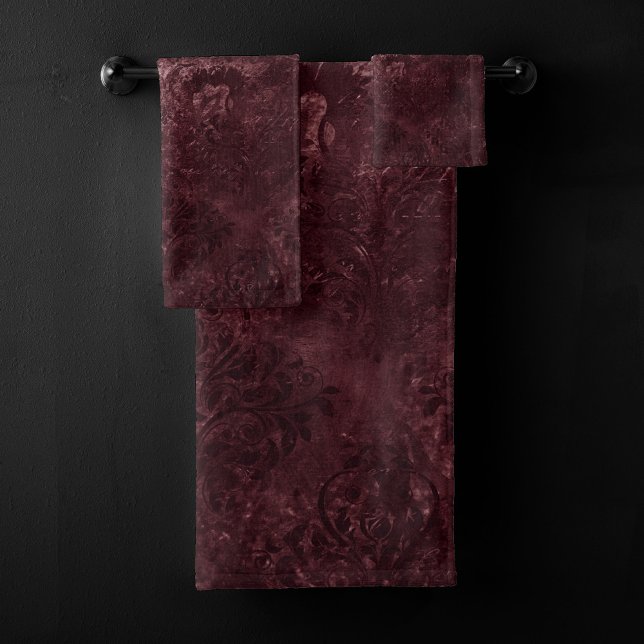 Velvety Wine Damask | Bordeaux Sangria Grunge Glam Bath Towel Set (Creator Uploaded)