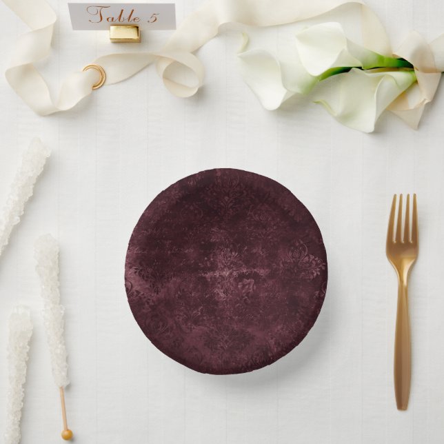 Velvety Wine Damask | Bordeaux Sangria Grunge Glam Paper Plate (Wedding)