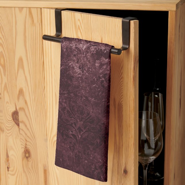 Velvety Wine Damask | Bordeaux Sangria Grunge Glam Tea Towel (Thirds Fold)