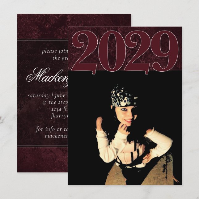 Velvety Wine Damask | Maroon Grunge Baroque Photo Invitation (Front/Back)