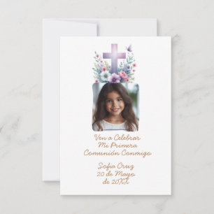 Ven A Celebrar Mi Primera Comunión con Foto Flores Thank You Card