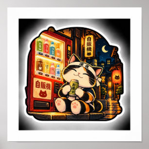 Vending Machine Cat Poster Japanese Night Street