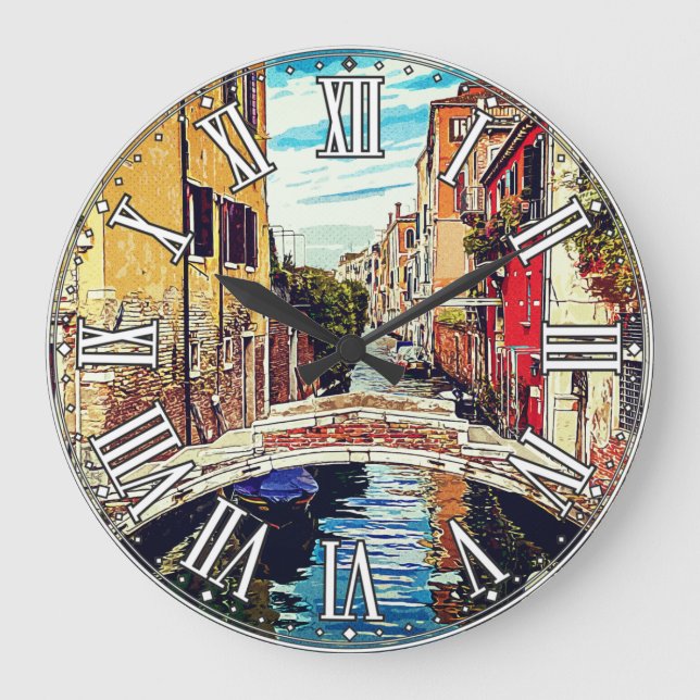 Venetian canal with houses and bridge. Italy. Large Clock (Front)