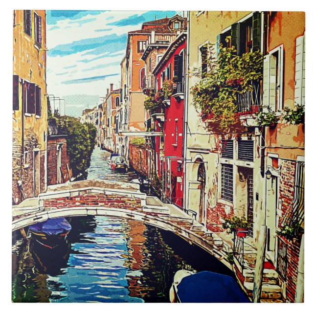 Venetian canal with houses and bridge. Italy. Tile (Front)