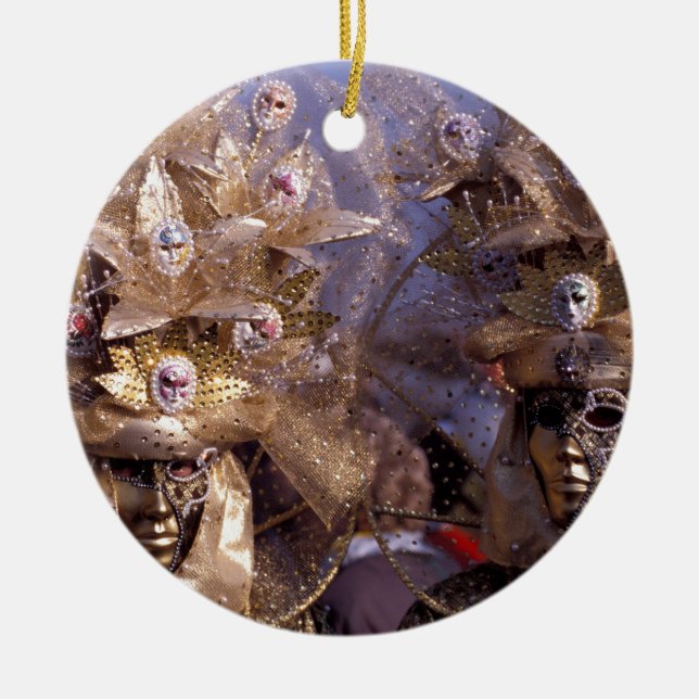 Venetian Couple With Golden Carnival Costumes Ceramic Tree Decoration (Front)