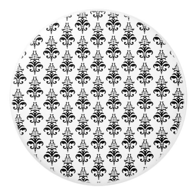 Venetian Damask, Damask Pattern - Black White Ceramic Knob (Front)
