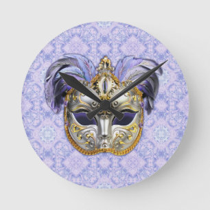Venetian Mask Adorned with Purple Feathers Round Clock