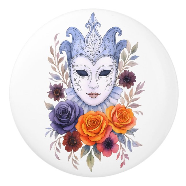Venetian Mask Floral Carnival Bloom Chic Floral Ceramic Knob (Front)