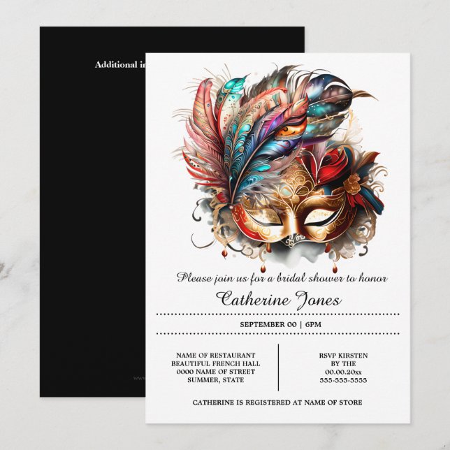 Venetian masked ball face mask feathers carnival  invitation (Front/Back)
