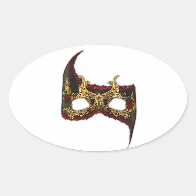 Venetian Masque: Gold and Red Rose Oval Sticker (Front)
