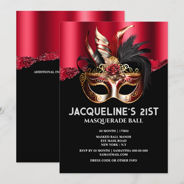 Venetian masquerade birthday mask red gold glam invitation (Front/Back)