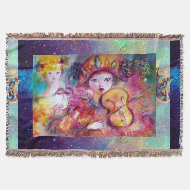 VENETIAN MASQUERADE FACES/ HARLEQUIN AND COLUMBINE THROW BLANKET (Front)