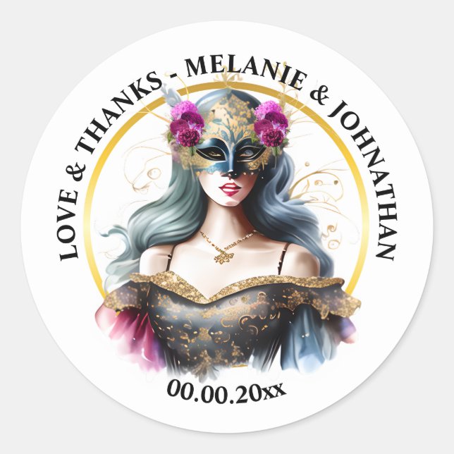 Venetian woman masquerade face mask pink grey classic round sticker (Front)