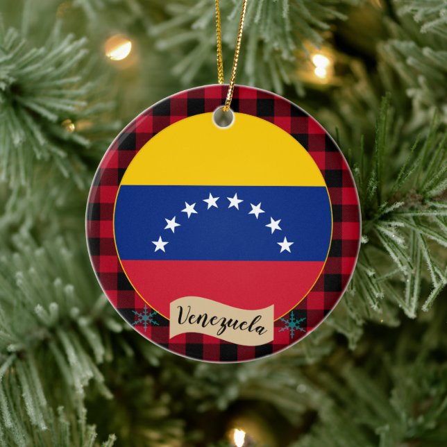 Venezuela, Red buffalo plaid & Venezuelan Flag Ceramic Tree Decoration (Tree)