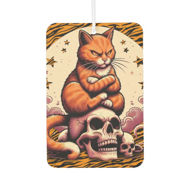 Vengeful Orange Cat, Skulls and Moon Car Air Freshener (Front)