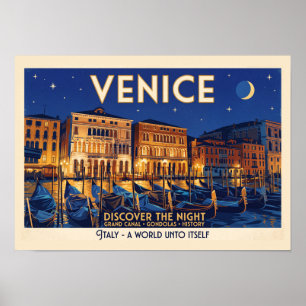 Venice at Night Grand Canal Gondolas Art Poster