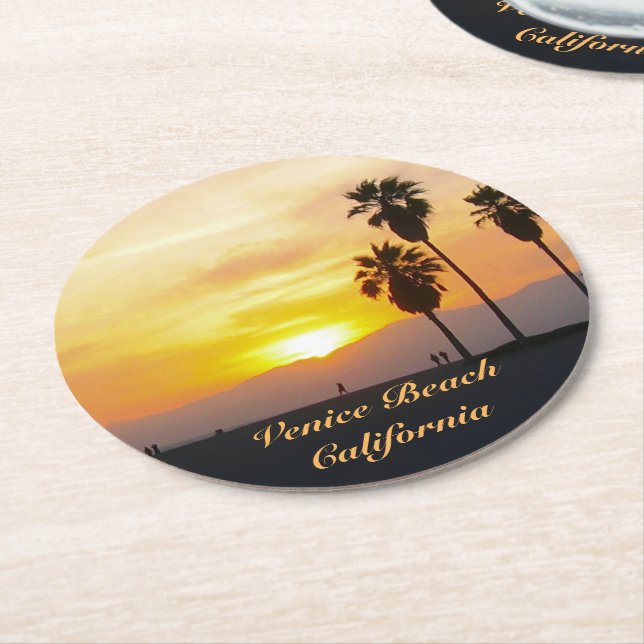 Venice Beach California Sunset Souvenir Round Pape Round Paper Coaster (Angled)