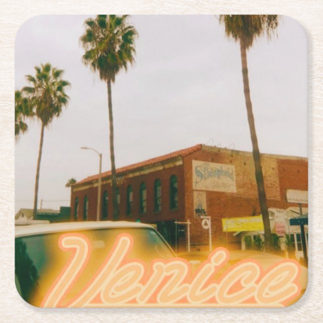 Venice Beach Retro Print Square Paper Coaster (Front)