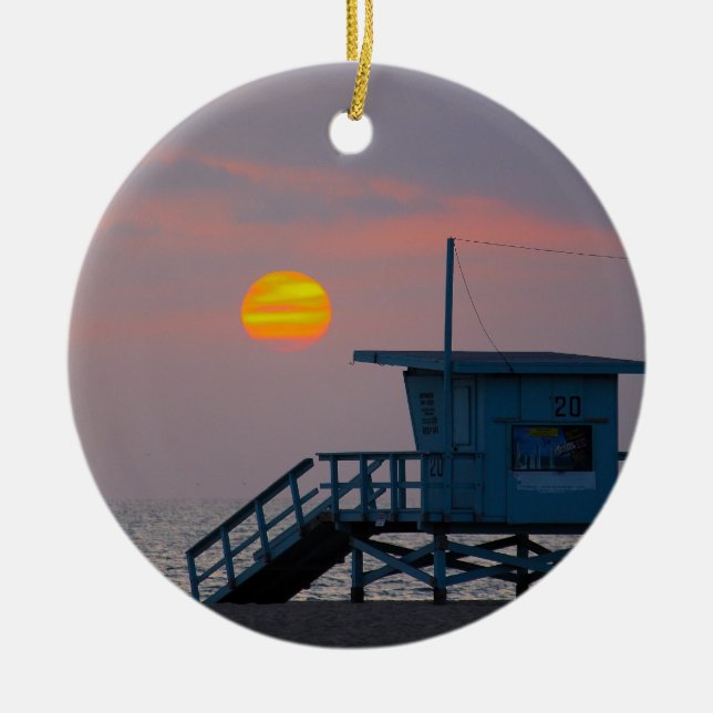 Venice Beach Sunset Ceramic Tree Decoration (Front)