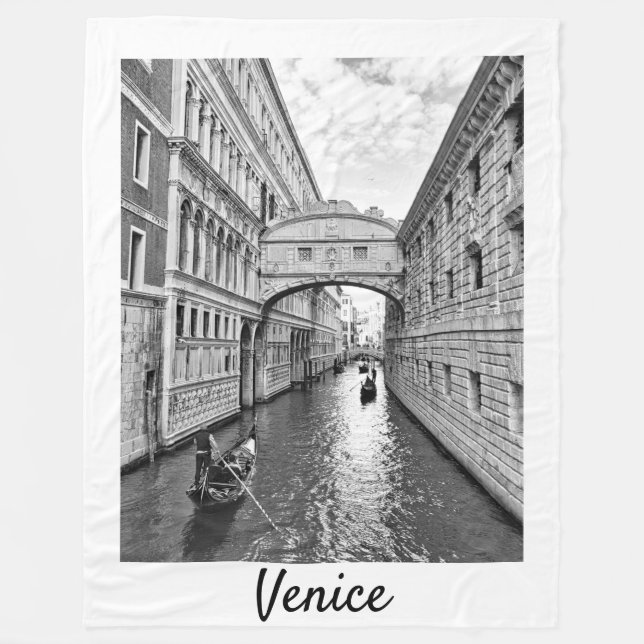 Venice Bridge of Sighs black white with gondolier Fleece Blanket (Front)