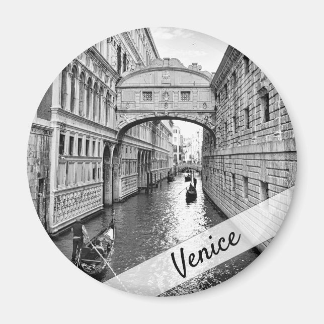 Venice Bridge of Sighs black white with gondolier Magnet (Front)