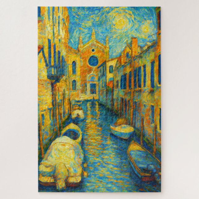 Venice Canal Starry Night Impressionist Art Puzzle (Vertical)