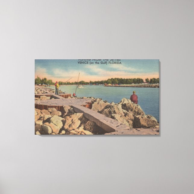 Venice, Florida - Fishing Scene on the Jetties Canvas Print (Front)
