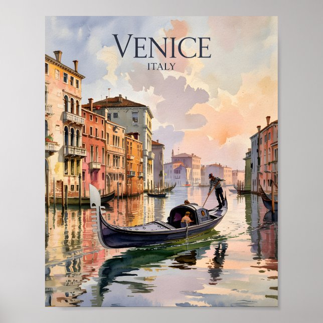 Venice Gondola Ride Watercolor Canal Colourful Poster (Front)
