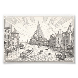 Venice Grand Canal Vintage Art Deco Pencil Sketch Photo Print