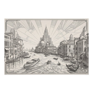Venice Grand Canal Vintage Art Deco Pencil Sketch Poster