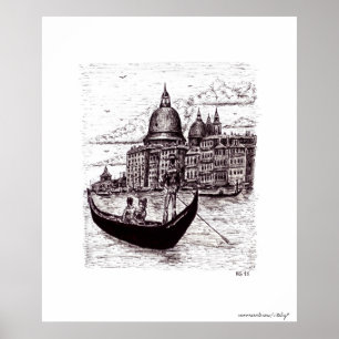 Venice Italy black and white pen ink drawing Poster