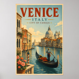Venice Italy Canals Illustration Travel Art Retro Poster