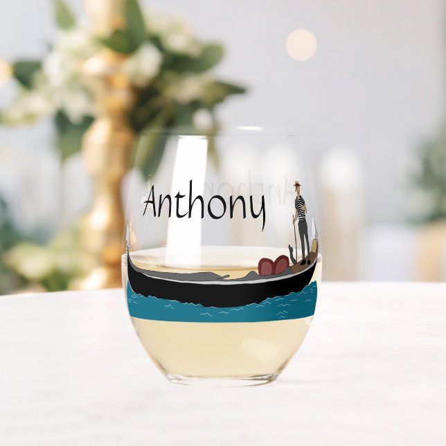 Venice, Italy Gondola and Gondolier Personalised Stemless Wine Glass (Insitu (Wedding))