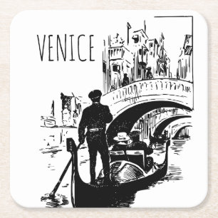 Venice Italy Gondola Black White Square Paper Coaster