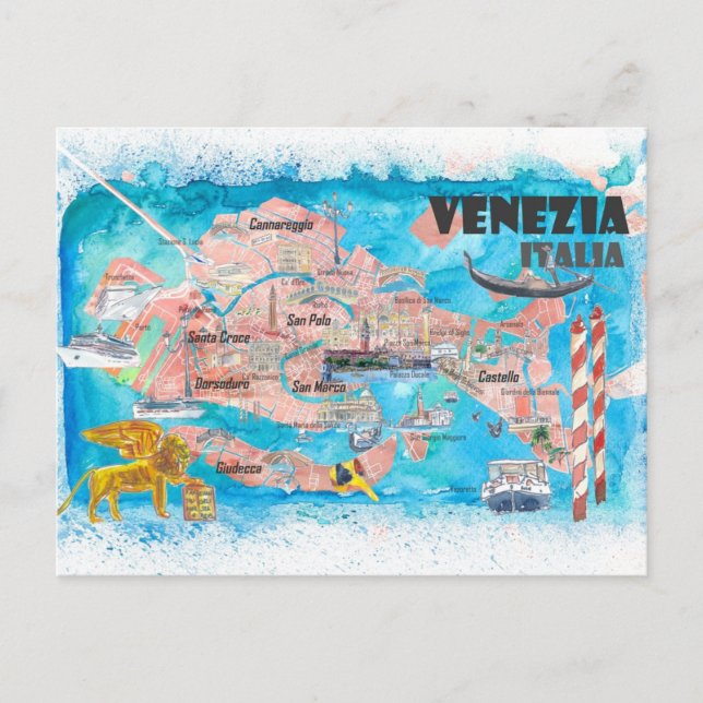 Venice Italy Illustrated Map  Postcard (Front)