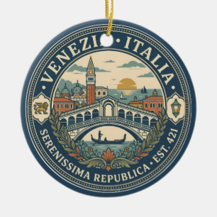 Venice Italy Illustration Travel Art Badge Ceramic Tree Decoration