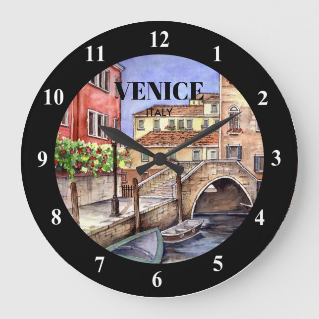 Venice Italy - Pen & Wash Watercolor Painting Large Clock (Front)