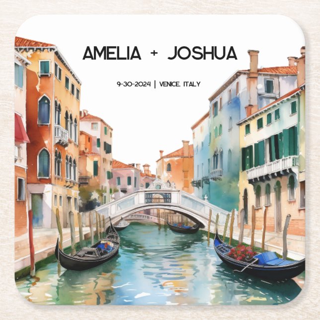 Venice Italy Watercolor skyline wedding Square Paper Coaster (Front)