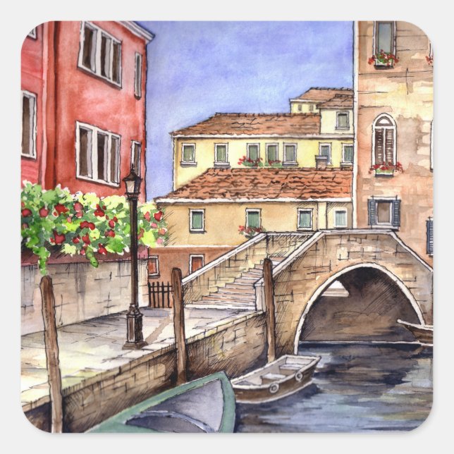 Venice - Pen & Wash Watercolor Square Sticker (Front)