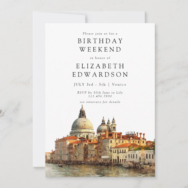 Venice Skyline Watercolor Birthday Weekend Invitation (Front)