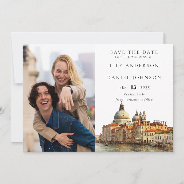 Venice Skyline Watercolor Photo Wedding Save The Date (Front)