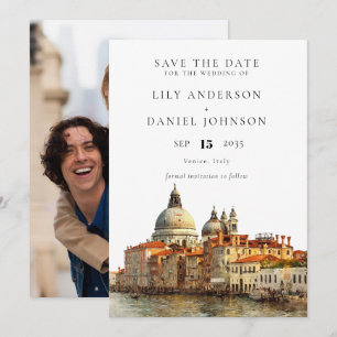 Venice Skyline Watercolor Photo Wedding Save The Date